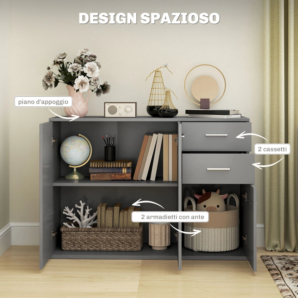 Credenza Moderna 106x35x76 cm con 3 Armadietti e 2 Cassetti Grigio Chiaro