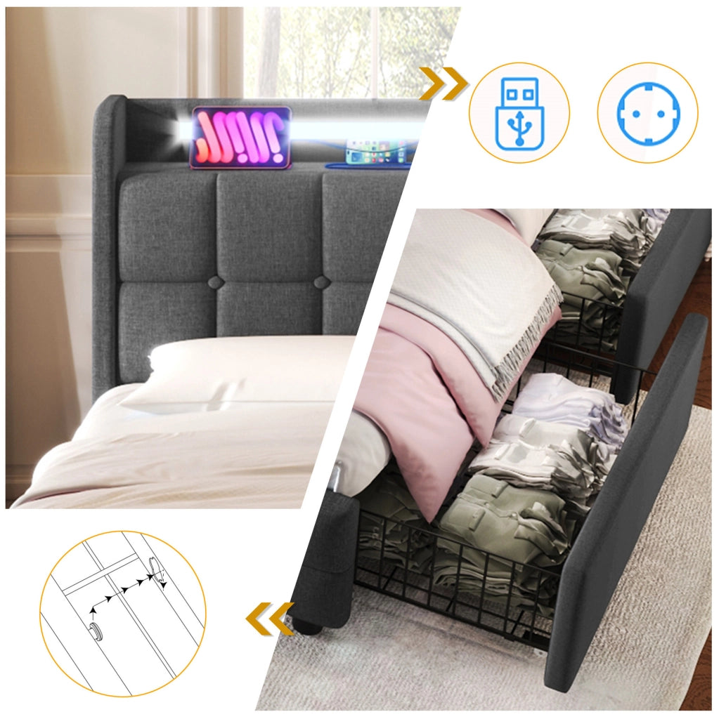Letto matrimoniale 140x200 cm con LED, prese USB e 4 cassetti