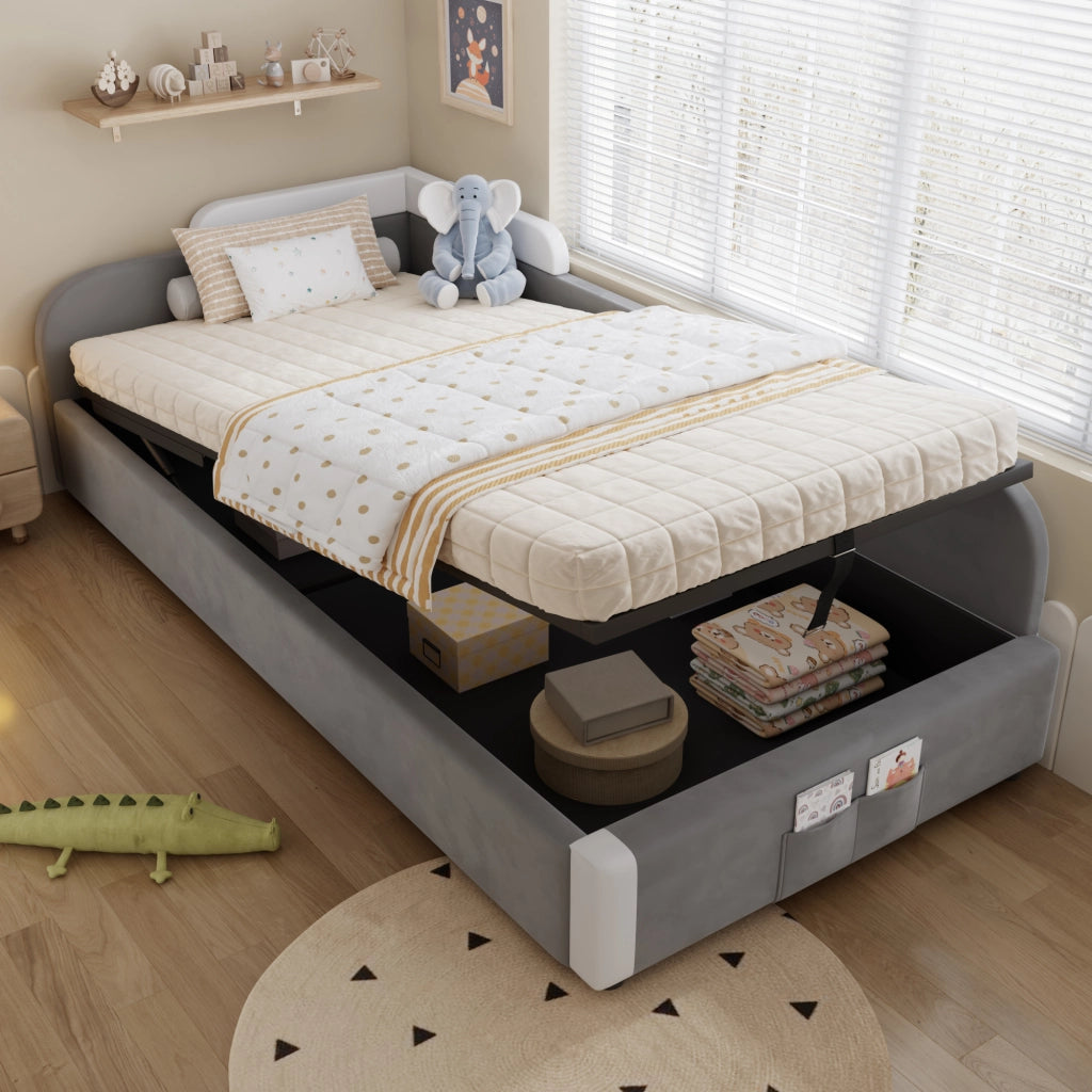 Letto singolo contenitore 90x200 cm in velluto grigio e bianco; sollevamento idraulico e sponda destra per cameretta