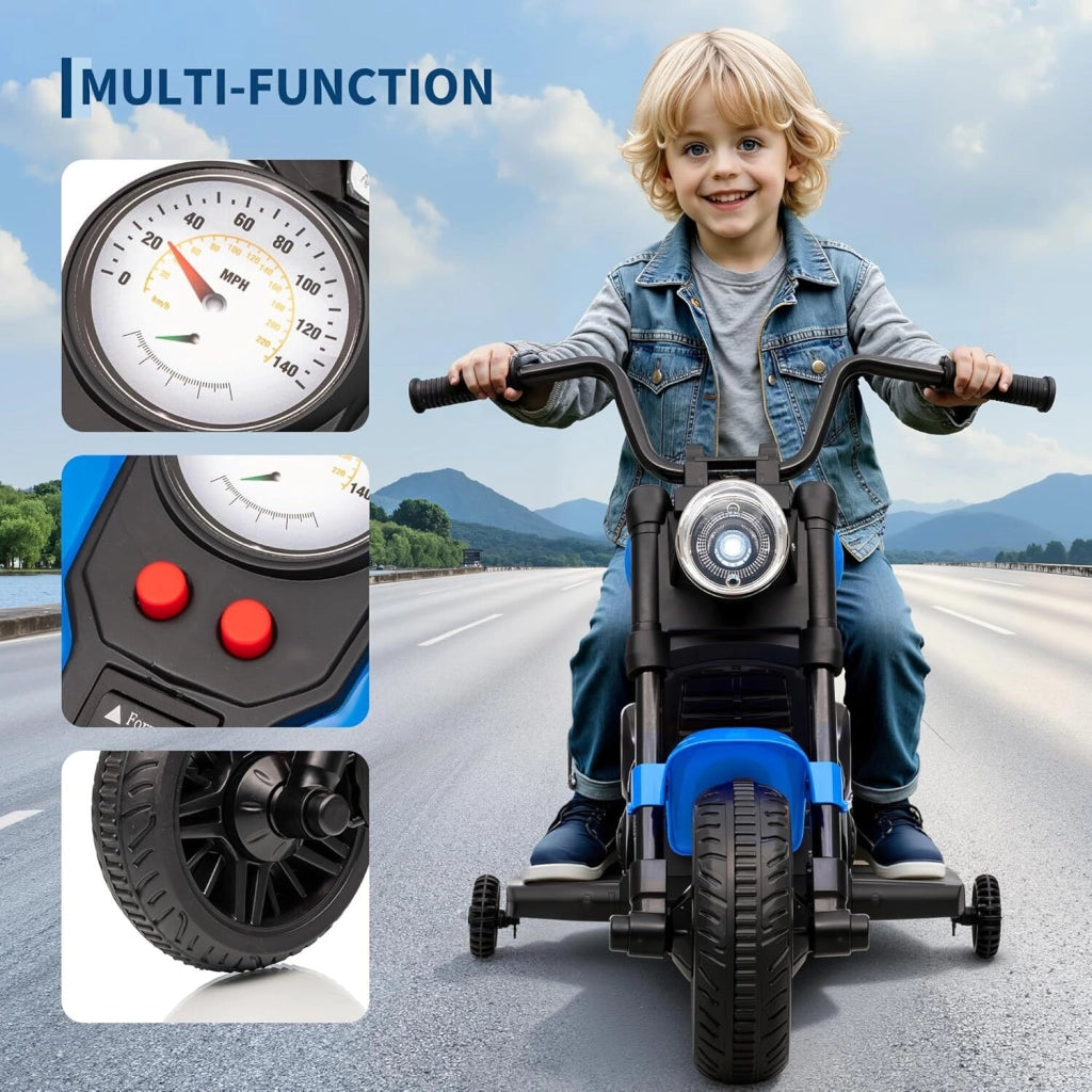 Moto Elettrica per Bambini 6V con Ruote di Supporto; Fari LED e Musica; Max 25kg; da 18 Mesi - Blu