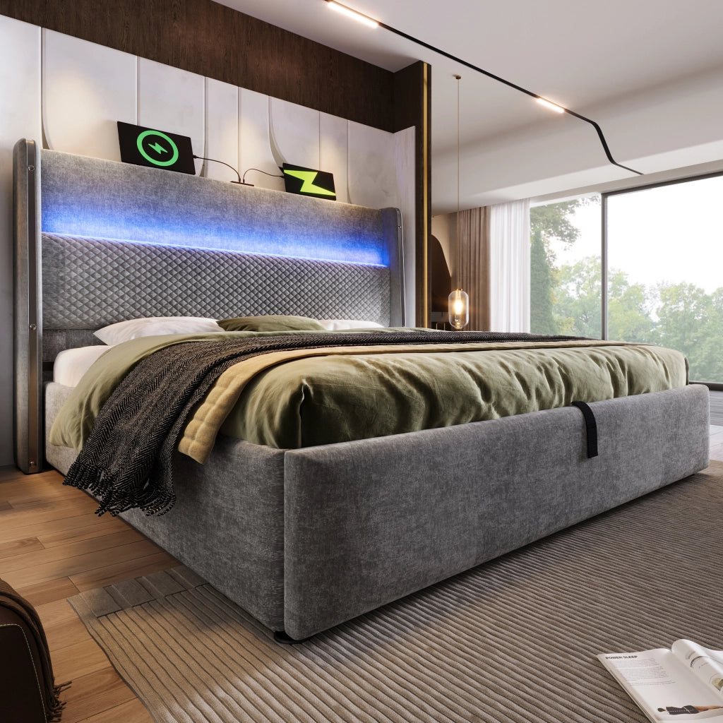 Letto matrimoniale contenitore 180 × 200 cm con testiera alta led usb type-c in lino grigio