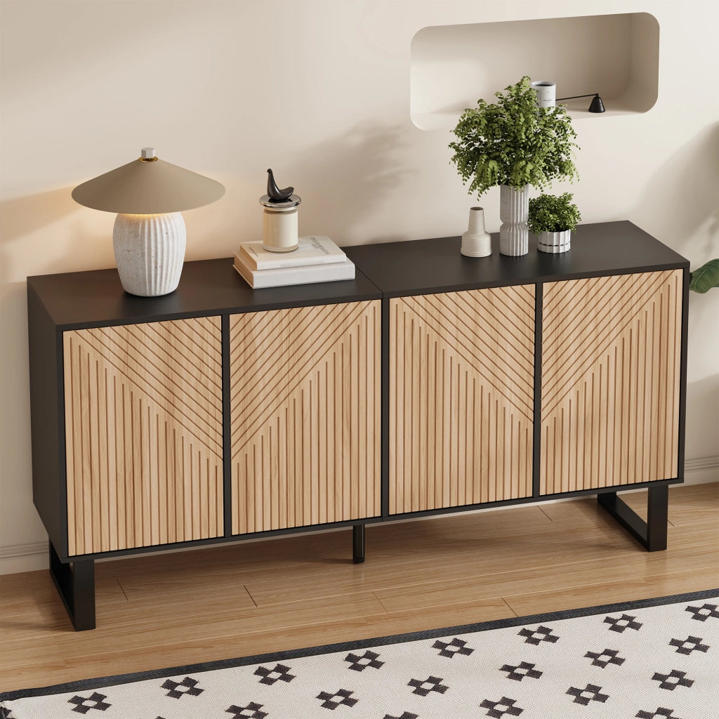Credenza 160 x 38 x 75 cm, ante con motivo rigato, contenitore TV, MDF nero e legno naturale, per soggiorno