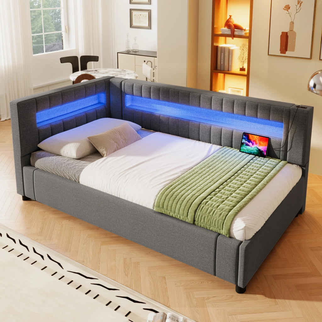Letto salvaspazio singolo 90×200 cm con contenitore idraulico; LED; USB e Type-C; senza materasso; grigio