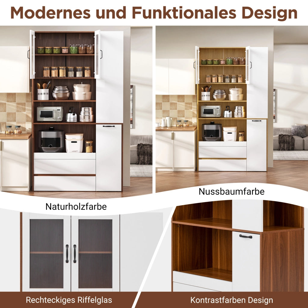 Credenza alta con 2 cassetti ante in vetro rigato e ripiano estraibile per cucina e sala da pranzo MDF bianco noce