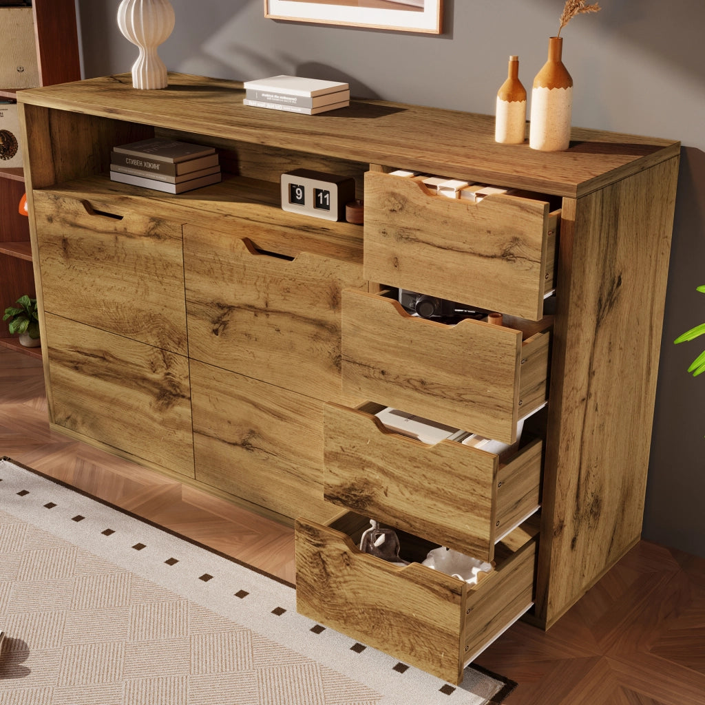 Credenza 150x40x90 cm con 2 ante; 4 cassetti e vano aperto; ripiani regolabili; MDF effetto rovere e metallo