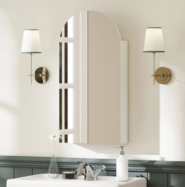 Mobiletto bagno specchiera con specchio ad arco senza cornice, ripiani in vetro regolabili, bianco, 40x12x80 cm