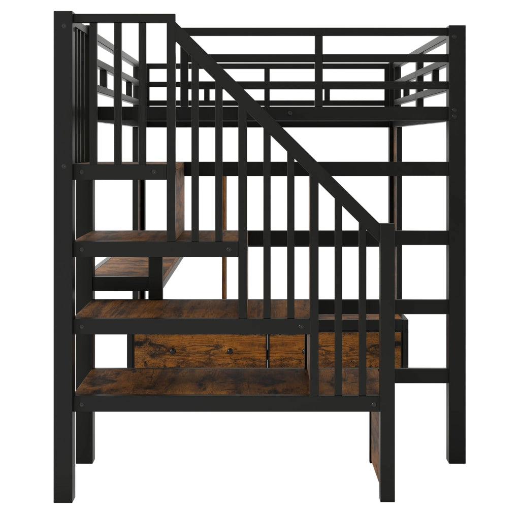 Letto a soppalco ULEVR 140x200 cm con scrivania, libreria, 2 cassetti, scala contenitore e LED, nero