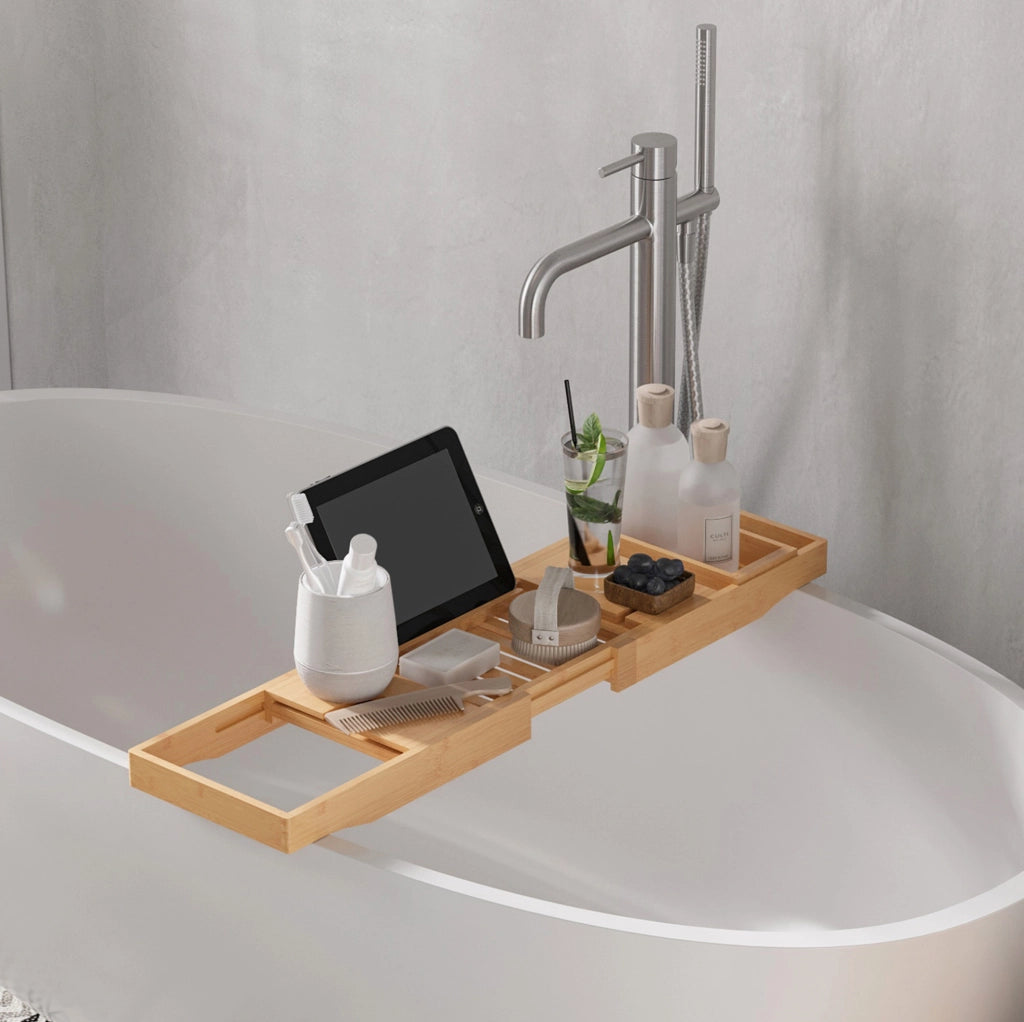 Ripiano per vasca da bagno in bambù naturale, regolabile 70-105x21,8x5 cm, con supporti in acciaio inossidabile