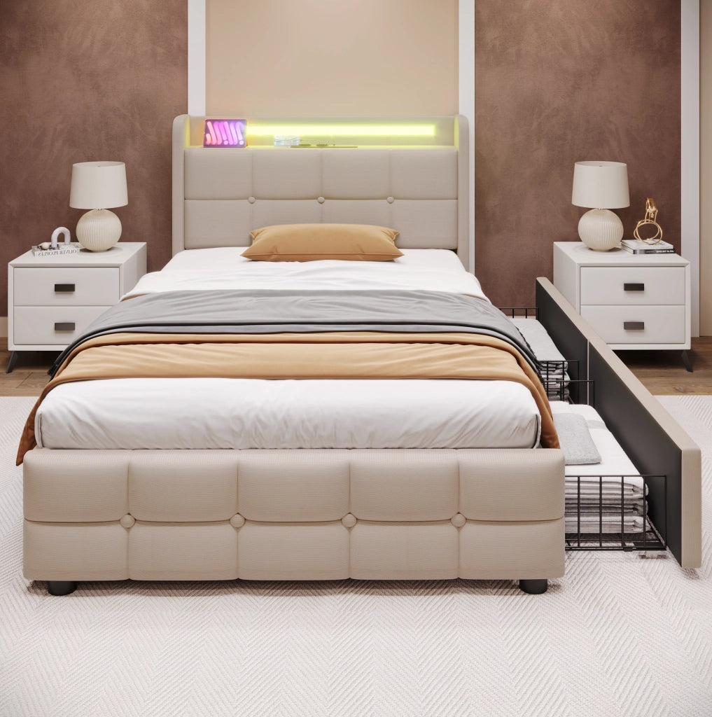 Letto singolo 90x200 cm con USB; LED e 2 cassetti; beige