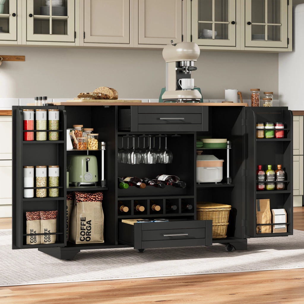 Carrello da cucina con piano pieghevole, 2 ante, 2 cassetti, portabottiglie e ruote per cucina e sala da pranzo