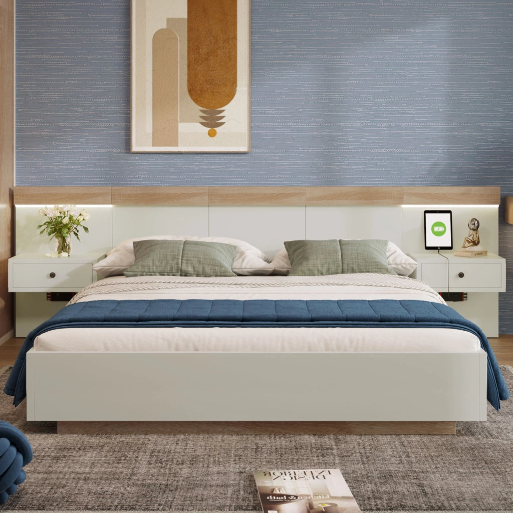 Letto matrimoniale 160 × 200 cm con 2 comodini LED rimovibili; USB e USB-C; rete a doghe; bianco e rovere Sonoma