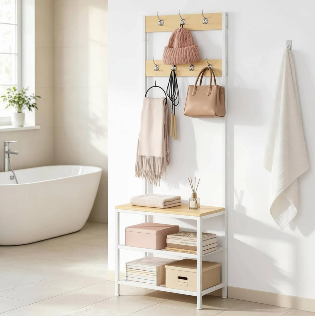Appendiabiti con panca e scarpiera; 7 ganci doppi e 2 ripiani; 60 ¡Á 31;5 ¡Á 170 cm; bianco