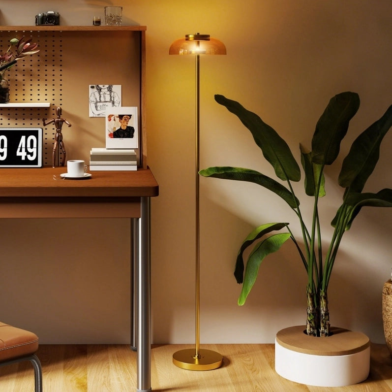 Lampada da Terra LED per Soggiorno in Ottone con Luce Calda 3000K, Interruttore a Pedale, 25x25x134 cm