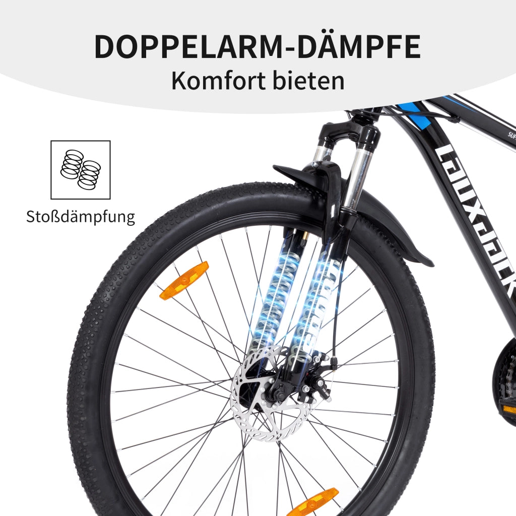 Mountain bike a 21 velocità con forcella ammortizzata e manubrio antiscivolo in ferro blu per adolescenti e adulti