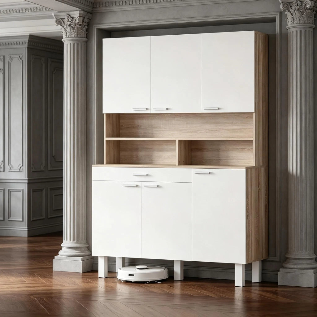 Alta credenza da cucina con 6 ante, 1 cassetto e vani aperti, 120x40x175 cm, bianco con effetto legno naturale