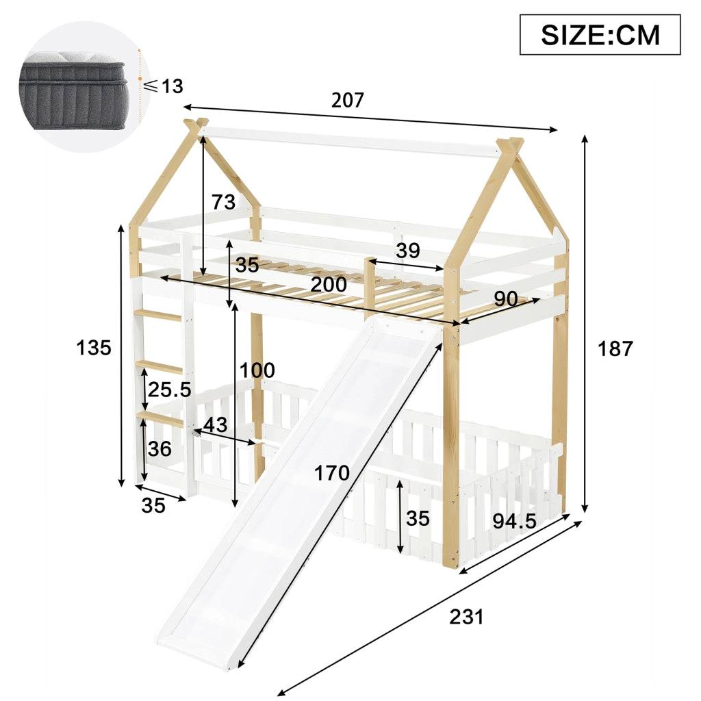 Letto a soppalco bambini con scivolo; struttura in pino e MDF; bianco e naturale; 90x200 cm