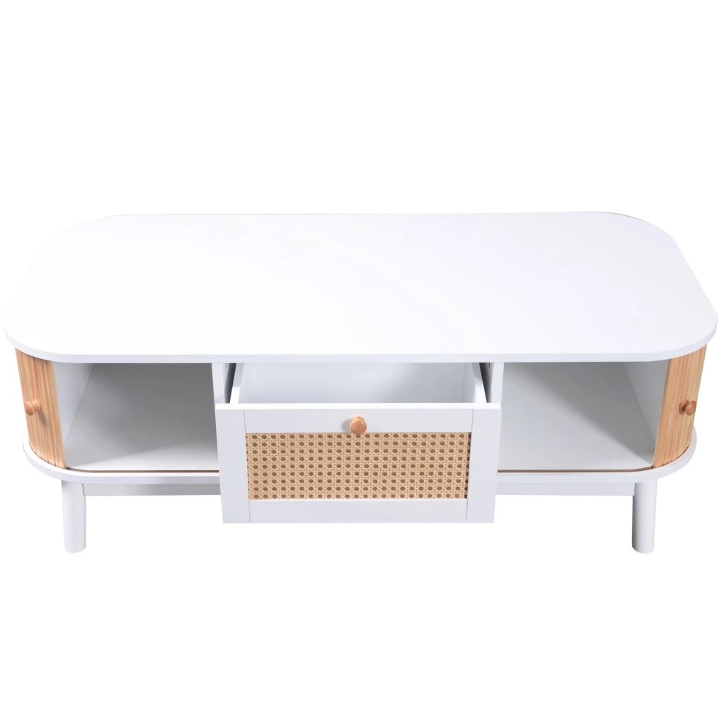 Tavolino da caffè in rattan e legno massello con cassetti e ante scorrevoli, 110x55x38,5 cm, stile naturale