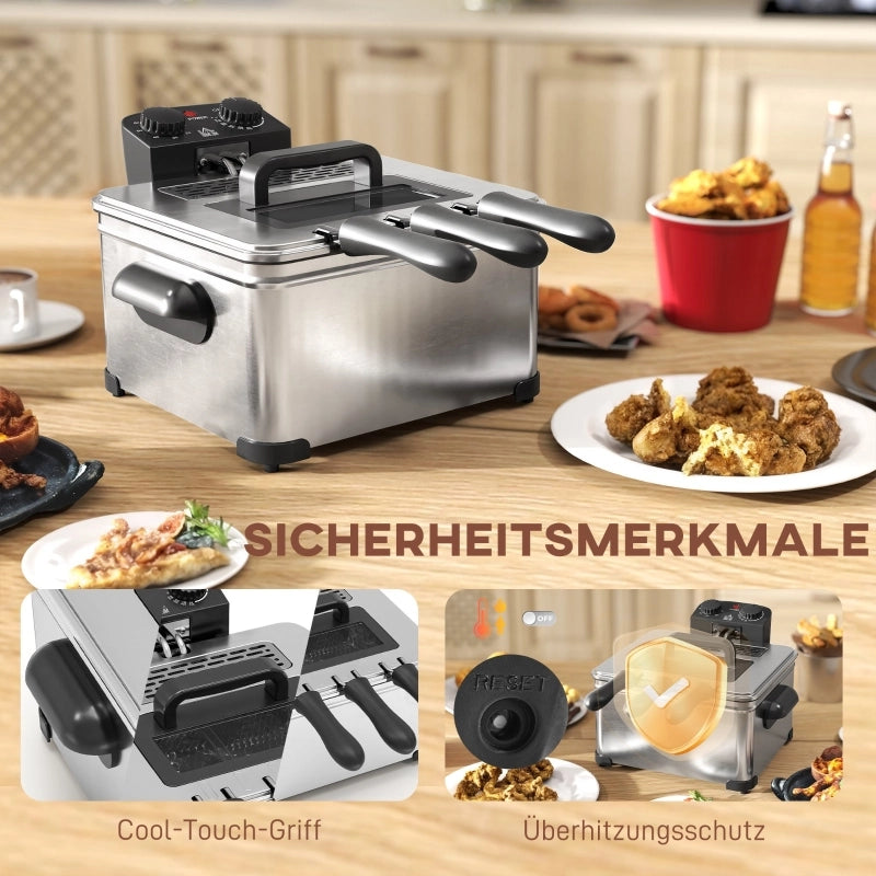 Friggitrice ad olio 5L, 2000W, acciaio inox argento. Temperatura e timer regolabili, serbatoio removibile, finestra di controllo, protezione surriscaldamento