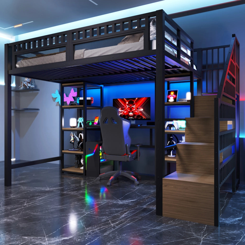 DESMIU Letto a soppalco 140 × 200 cm 1 posto con scrivania, scaffali, LED e USB, senza materasso, nero