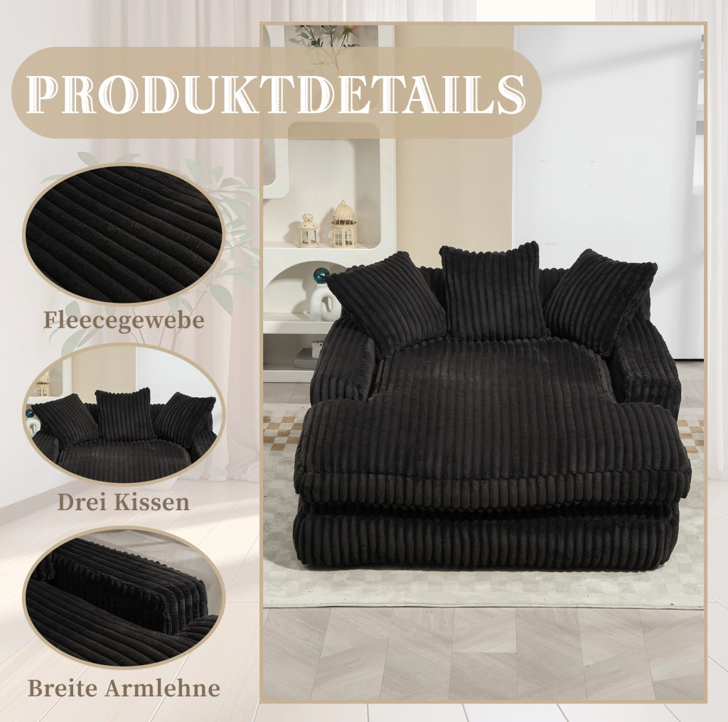 Chaise longue in corduroy 125x155x63 cm con 3 cuscini; nero