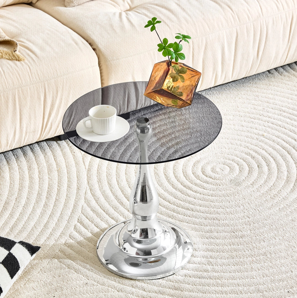 Tavolino laterale rotondo ULEVR ?50 cm in vetro temperato e metallo, altezza 51,5 cm, base antiscivolo argento