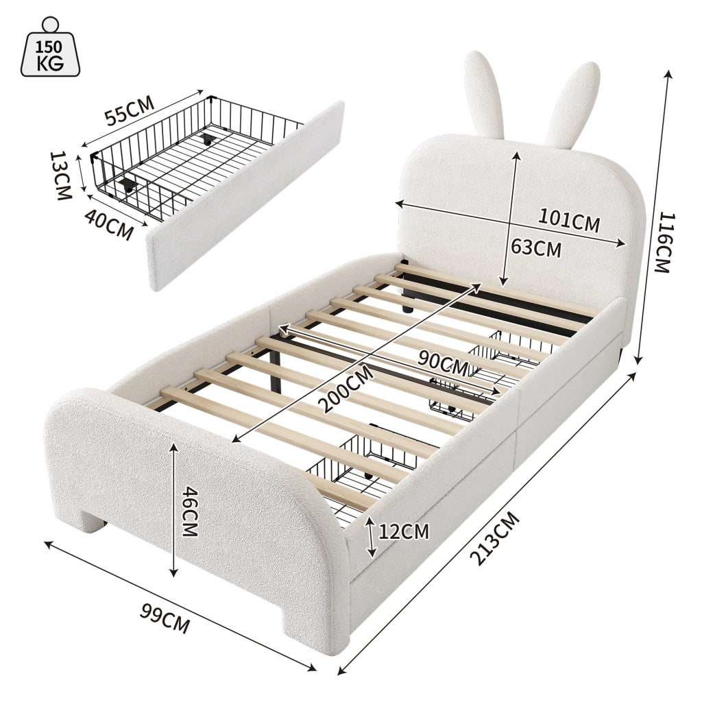 Letto per bambini 90×200 cm con 2 cassetti e testiera a coniglio imbottita; senza materasso; bianco