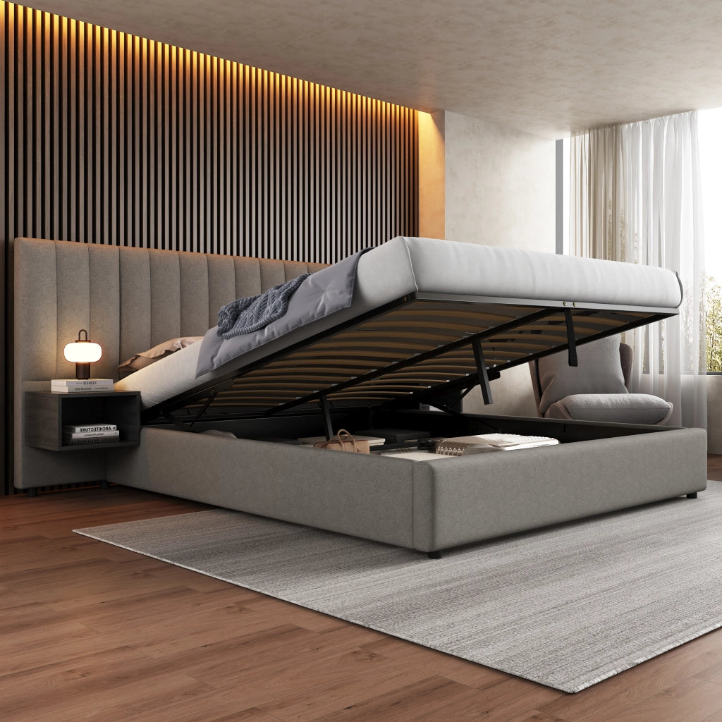 Letto imbottito con contenitore idraulico e 2 comodini, 180x200 cm, lino grigio/nero
