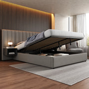 Letto imbottito con contenitore idraulico e 2 comodini, 180x200 cm, lino grigio/nero