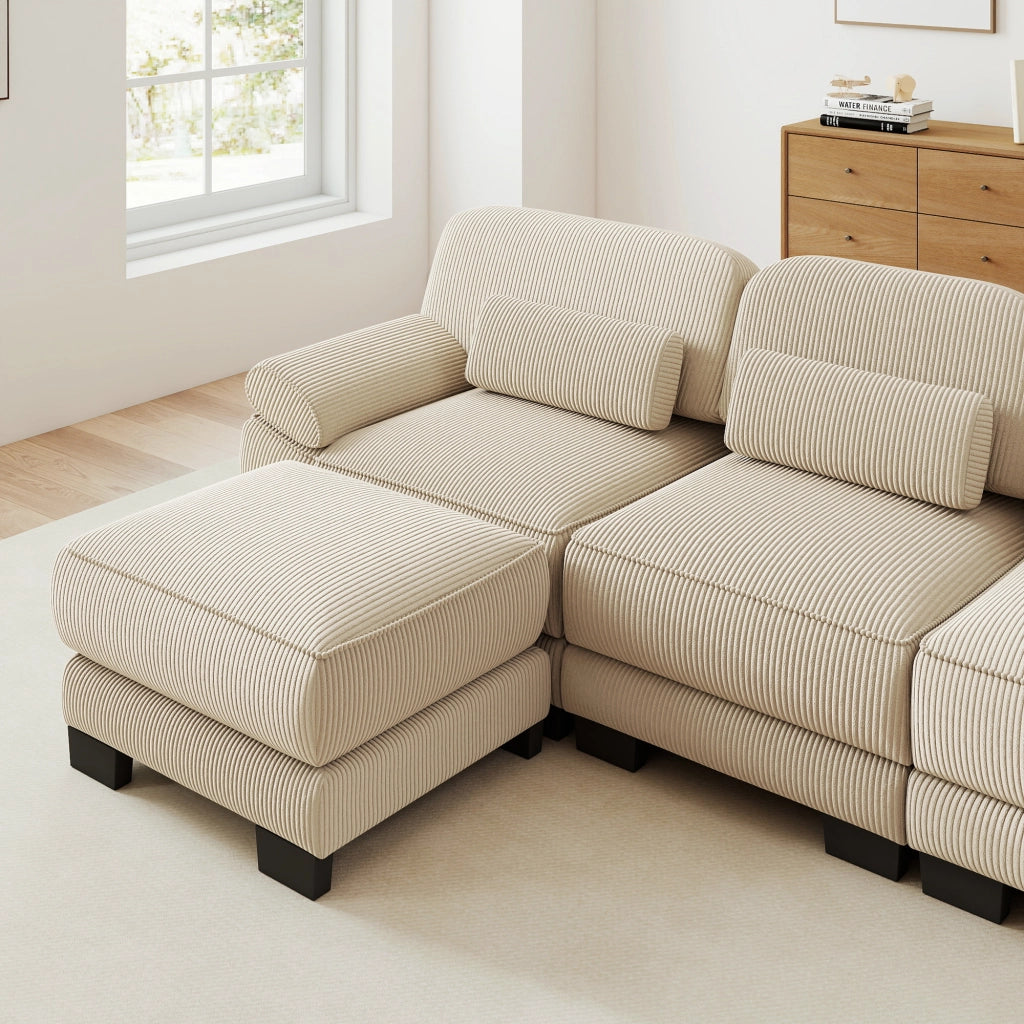 Divano modulare angolare con pouf in velluto a coste beige; 194 x 161 x 94 cm
