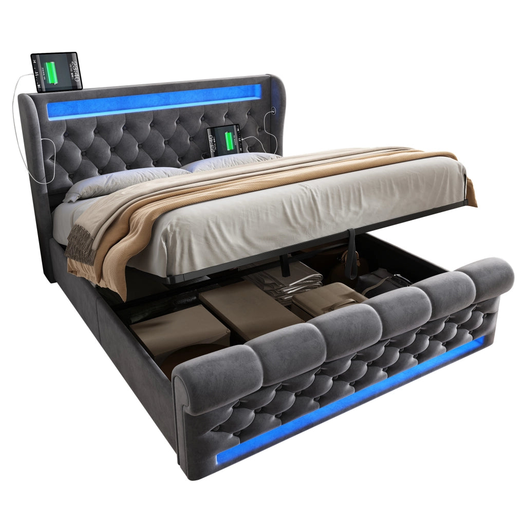 Letto 140x190 cm con contenitore idraulico, LED, USB e USB-C in velluto grigio