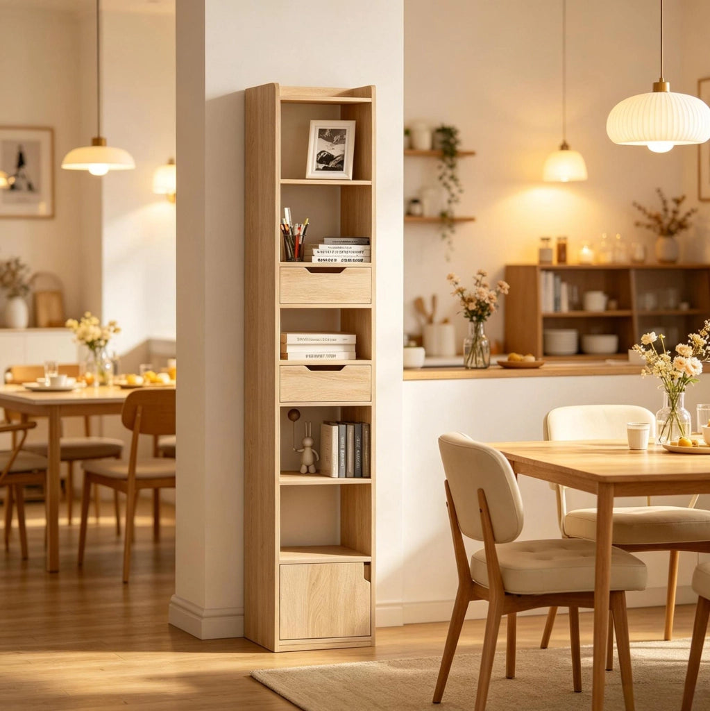 Libreria verticale moderna in legno E1, 33x181x24 cm, color rovere chiaro, con ripiani e cassetti