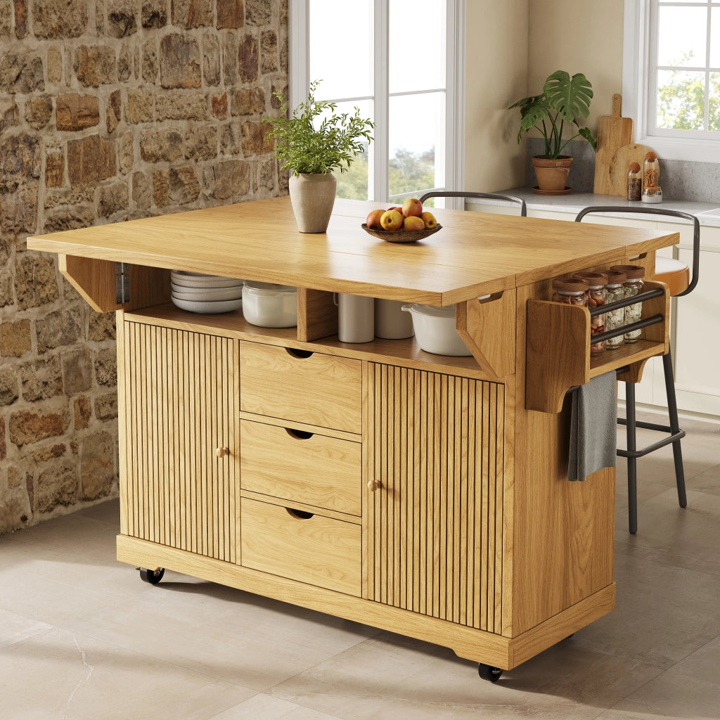 Carrello da cucina con piani laterali pieghevoli 3 cassetti ripiani regolabili in MDF con ruote bloccabili marrone