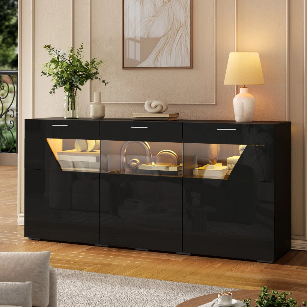 Credenza con vetrina; 3 ante vetrate; ampio spazio contenitore chiuso; per la casa moderna; mobile salvaspazio; pannello truciolare