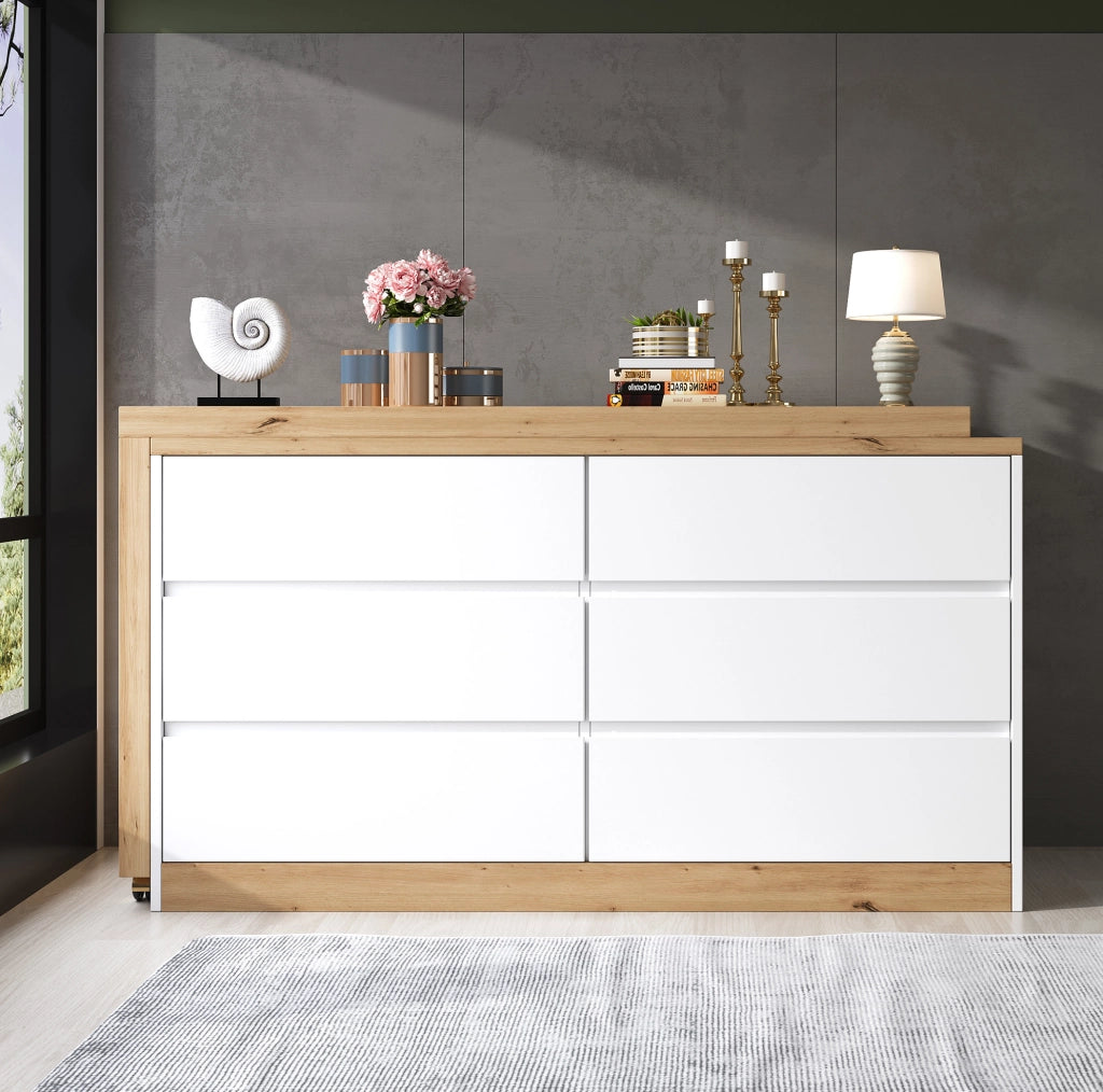 Scrivania girevole ULEVR 120x50 cm con 6 cassetti, ruote bloccabili e piano rotante, rovere e bianco