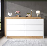 Scrivania girevole ULEVR 120x50 cm con 6 cassetti, ruote bloccabili e piano rotante, rovere e bianco