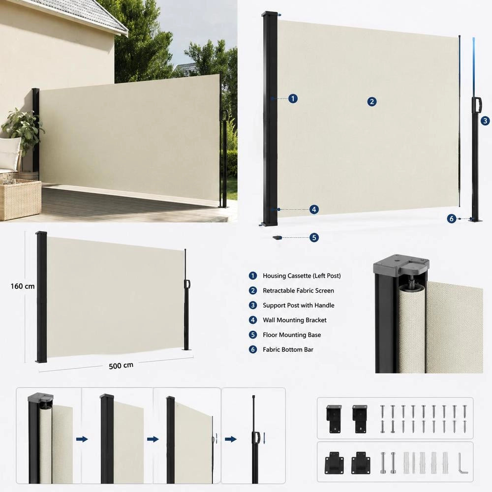 Extendable Side Awning, Cream, 160x500 Cm