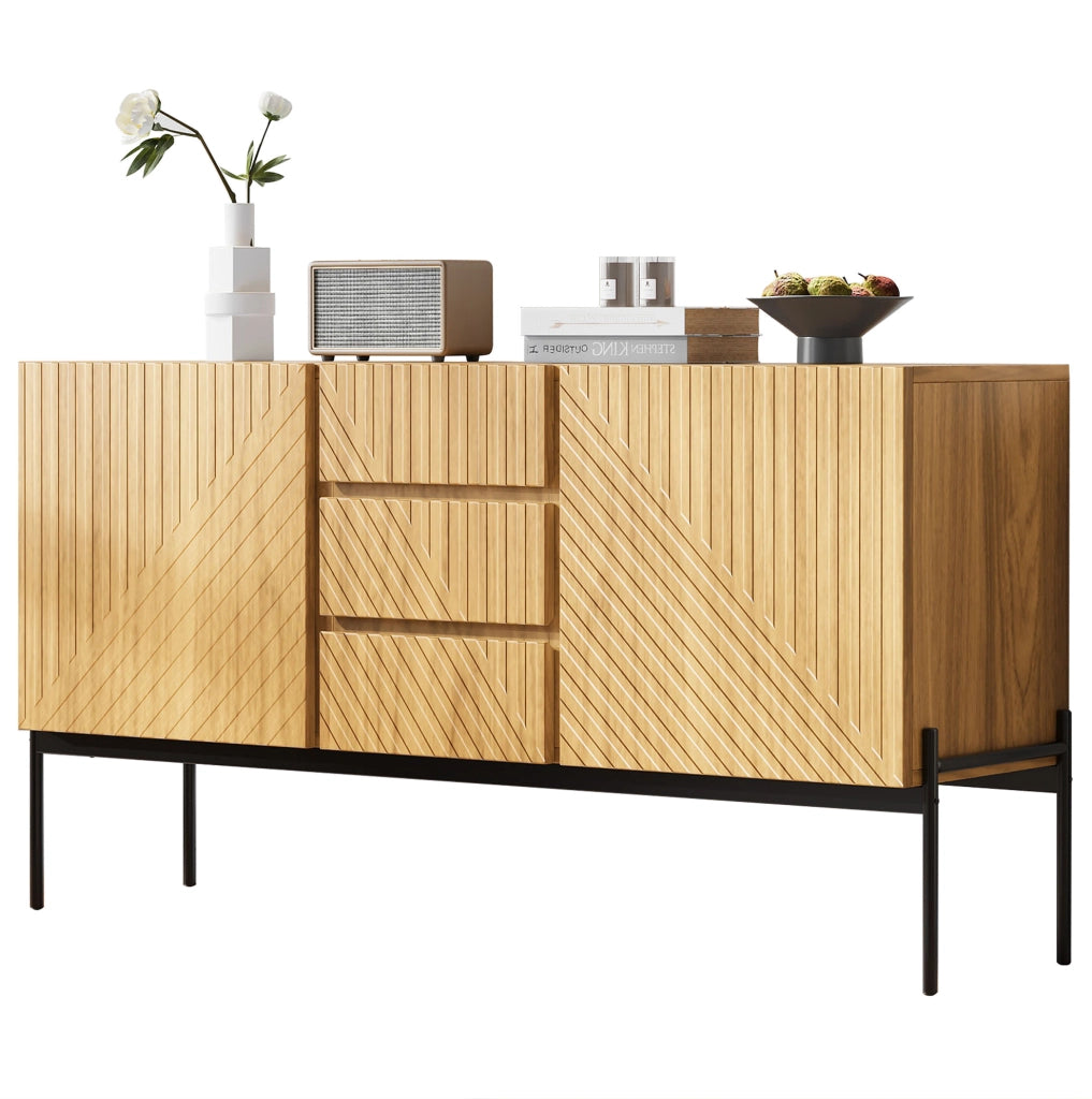 Credenza con 2 ante e 3 cassetti, gambe in metallo, mobile TV, buffet con design a linee, dimensioni H75 x L140 x P40 cm, colore naturale