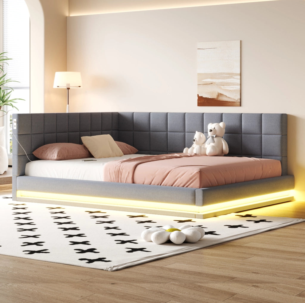Divano letto imbottito 160x200 con LED, USB e rete a doghe