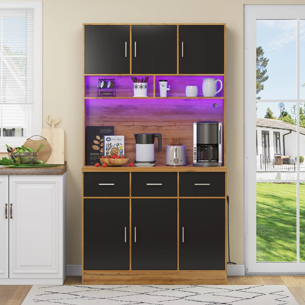 Credenza da cucina alta LED con 6 ante, 3 cassetti e prese USB, per cucina, MDF naturale e nero, 100 × 40 × 180 cm