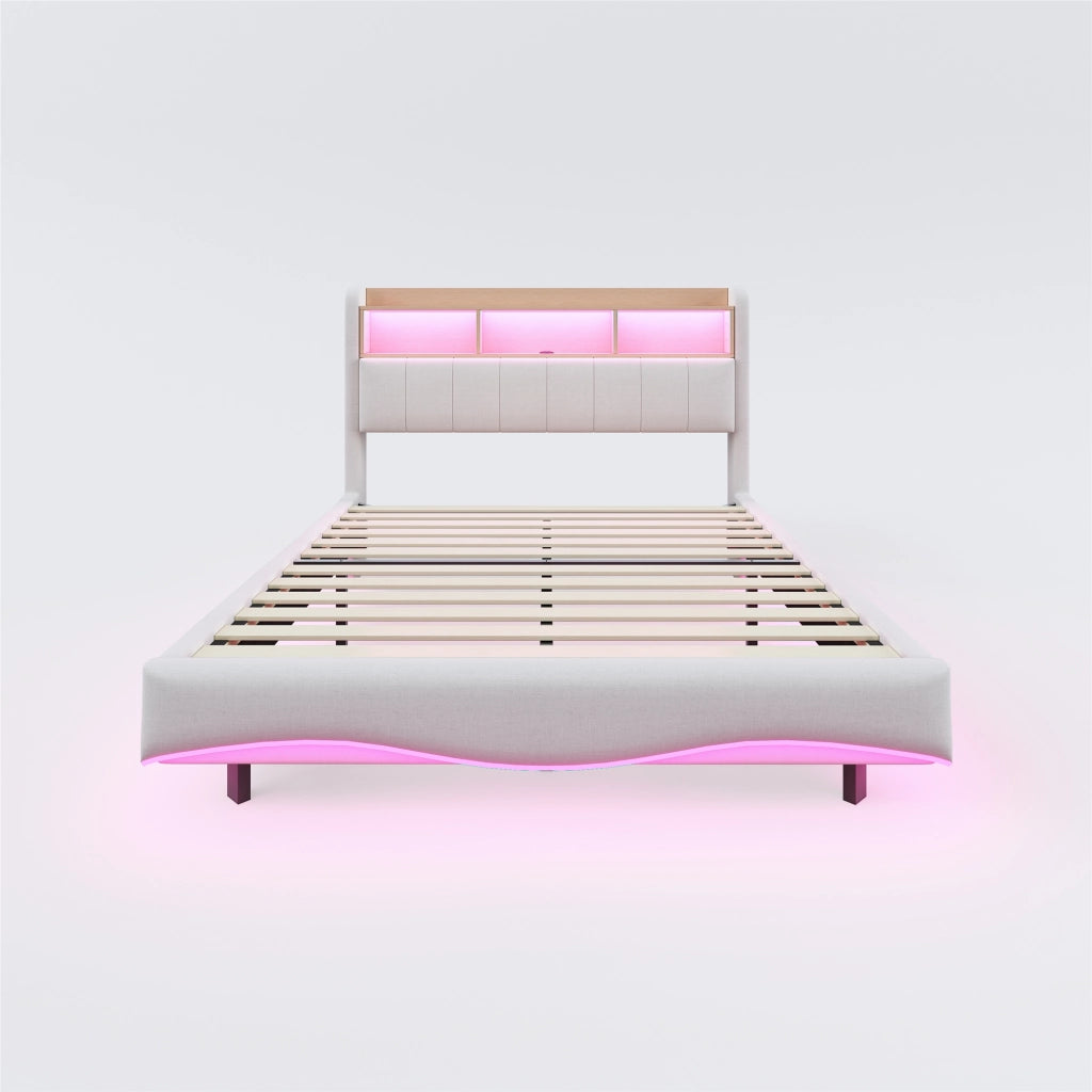 Letto imbottito sospeso 160x200 con luce LED; prese USB e Type-C; beige