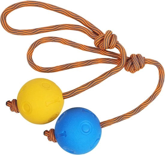 Palla per cani con corda, 2 pezzi palla da lancio con cavo, resistente, morbida e elastica, palla in gomma massiccia per agilità e lancio estremamente ampio, cattura e traino della guerra (7 cm, blu + giallo)