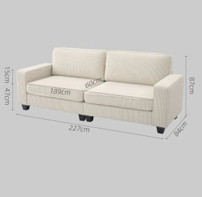 Divano 3 posti in tessuto a coste crema con struttura robusta 227x84x87 cm