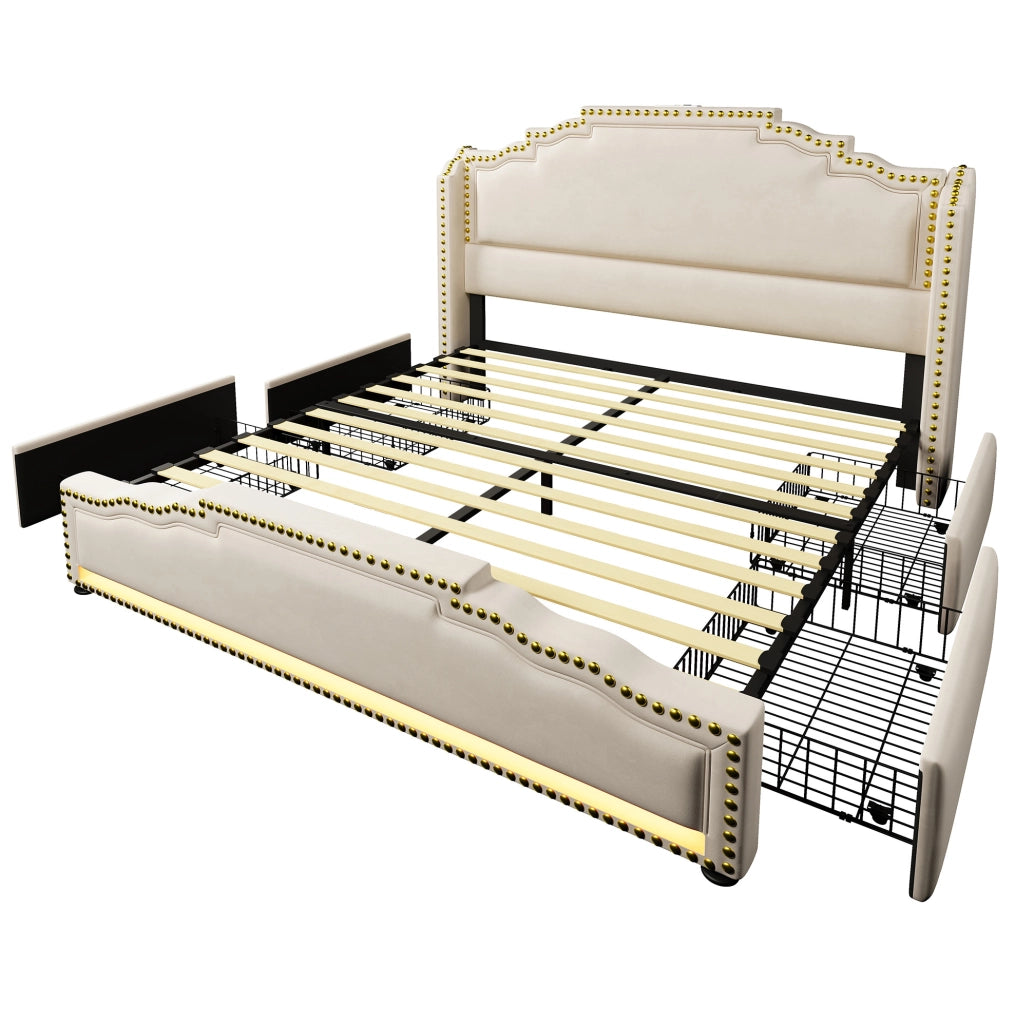 Letto 140x200 cm con 4 cassetti, LED, USB e USB-C in velluto beige