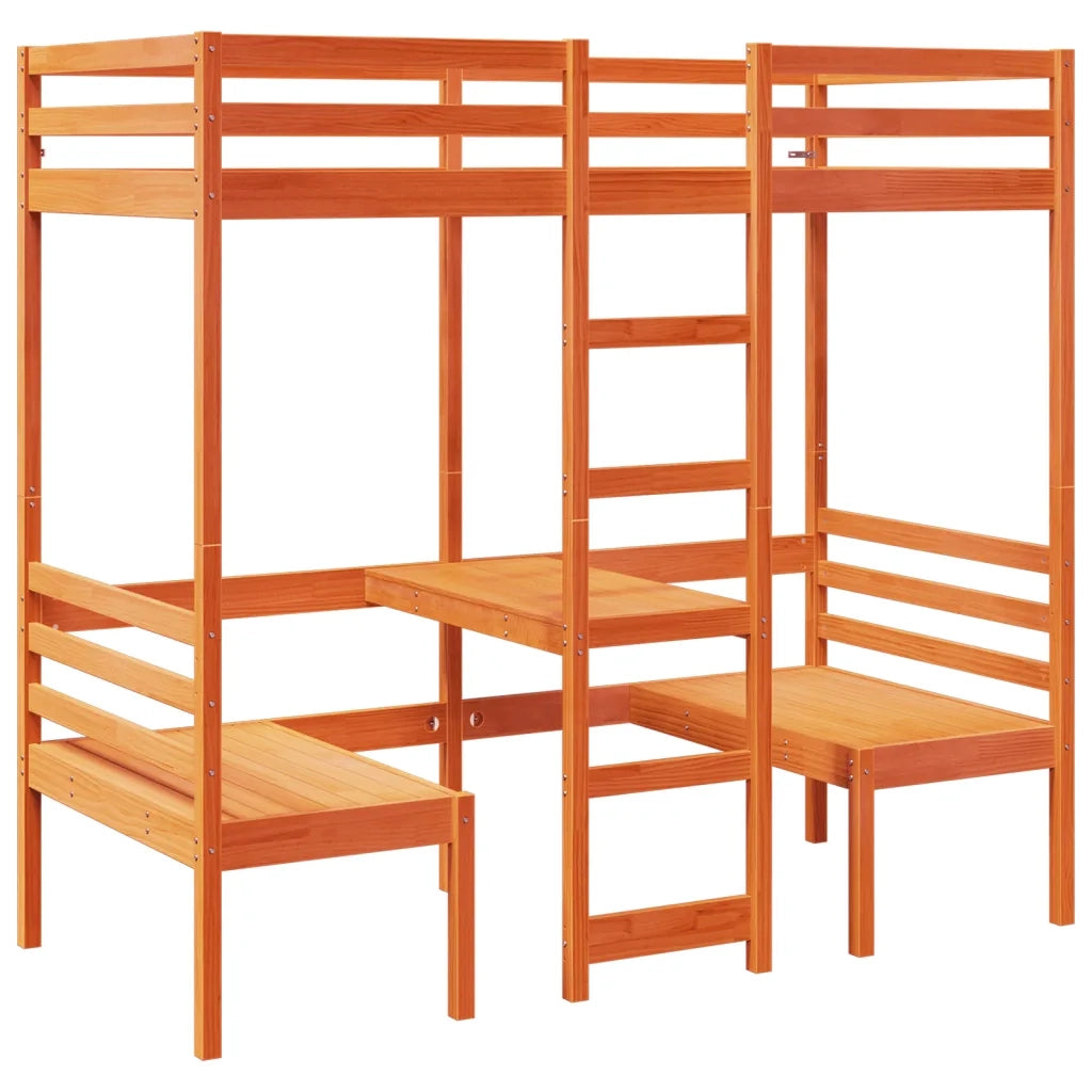 Letto singolo | Letto per adulti | Giroletto Soppalco Scrivania e Sedie Marrone Cera 75x190cm Pino