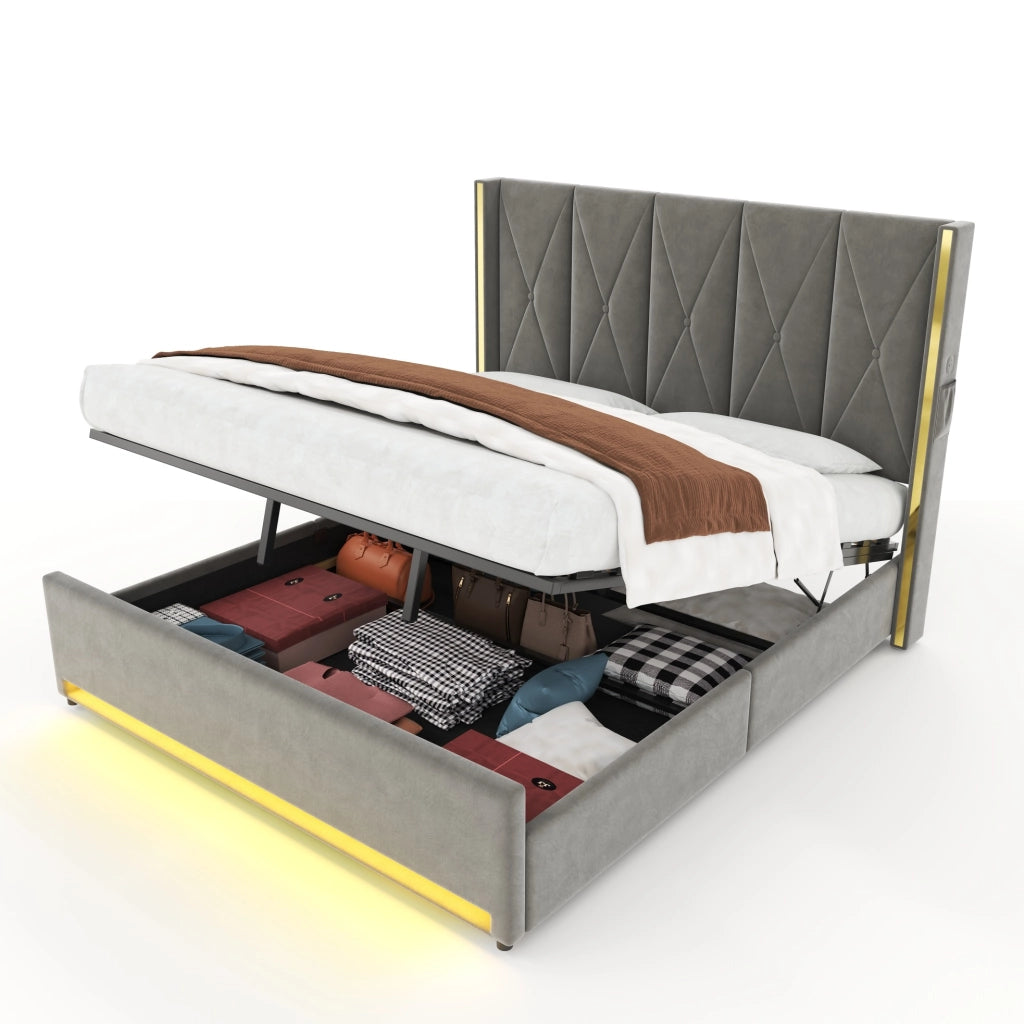 Letto matrimoniale 180x200 in velluto grigio scuro con contenitore e LED， senza materasso