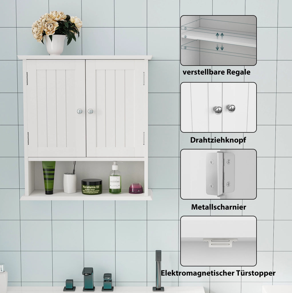 Armadio da bagno bianco a parete con doppie ante e ripiani regolabili, 54,6x19,8x59,9 cm