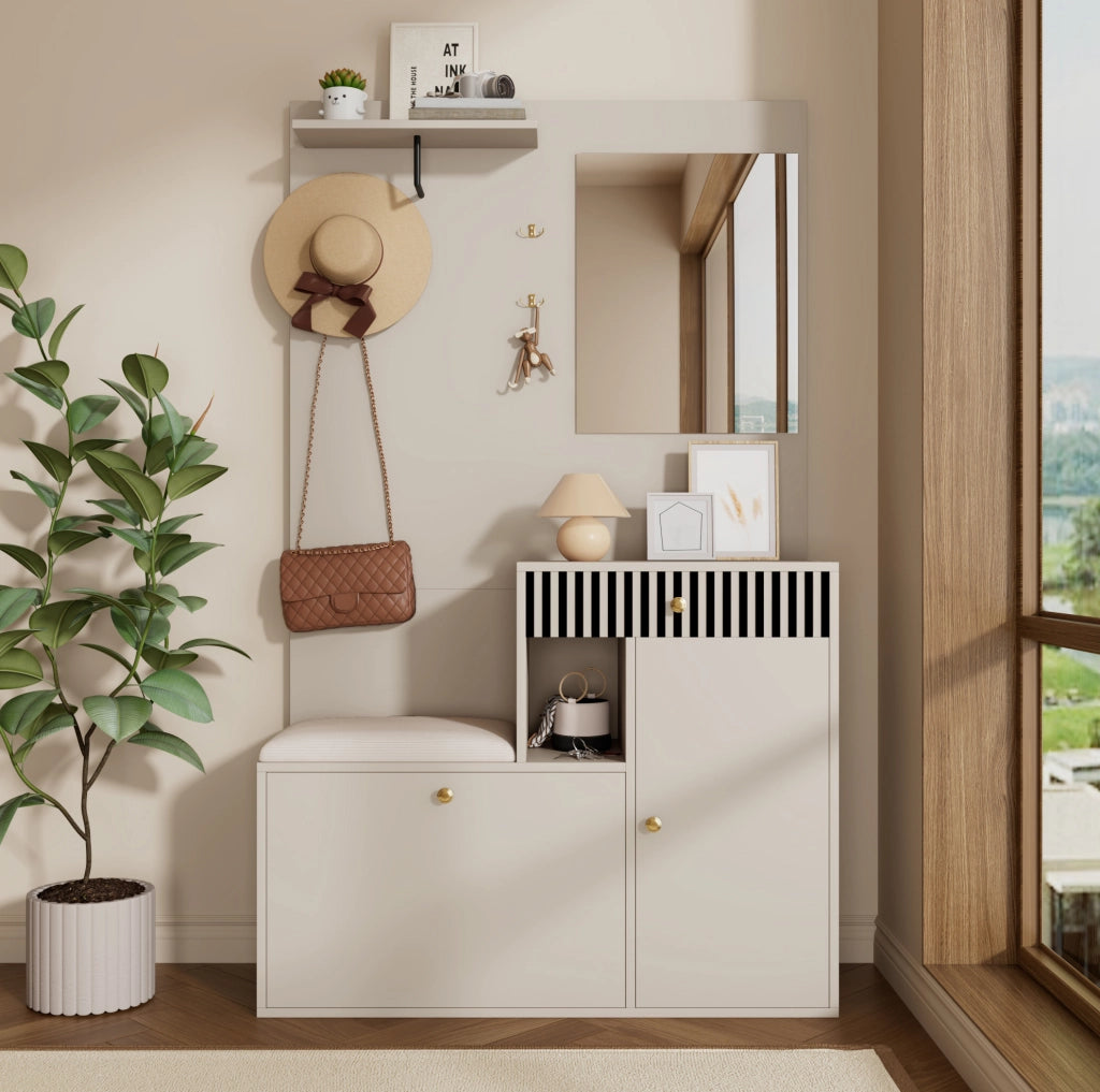 Mobile da ingresso 110x37x185,5 cm in MDF con specchio, seduta e ripiani