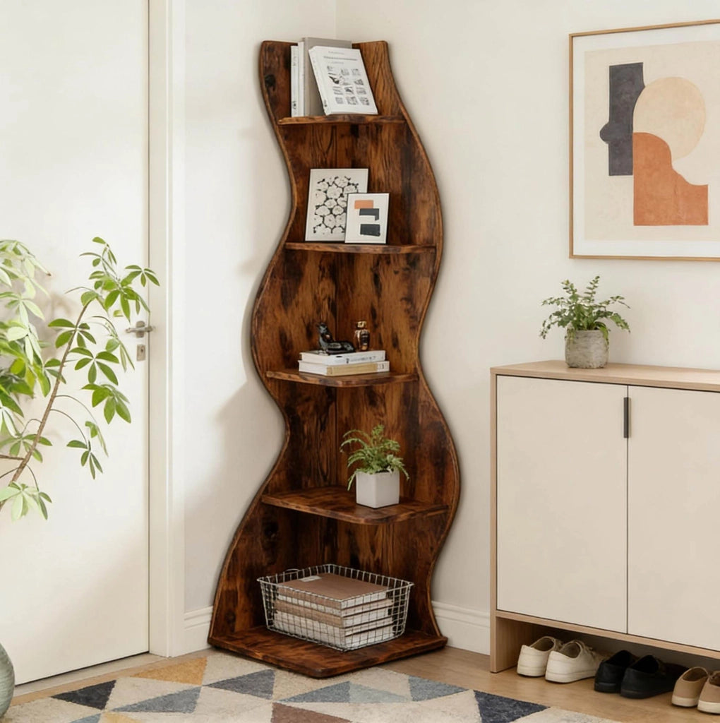 Scaffale angolare a 5 ripiani in legno marrone