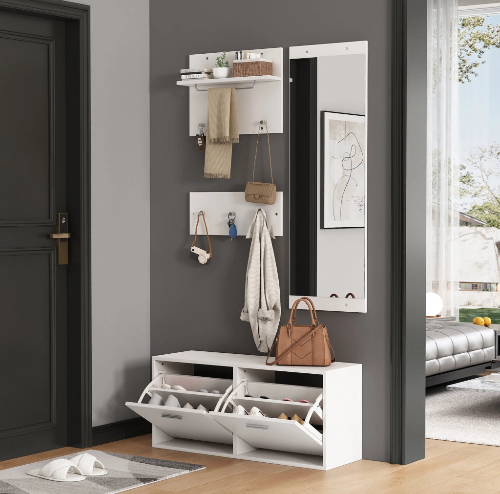 Set guardaroba da ingresso a 4 pezzi con specchio e mobile scarpe bianco