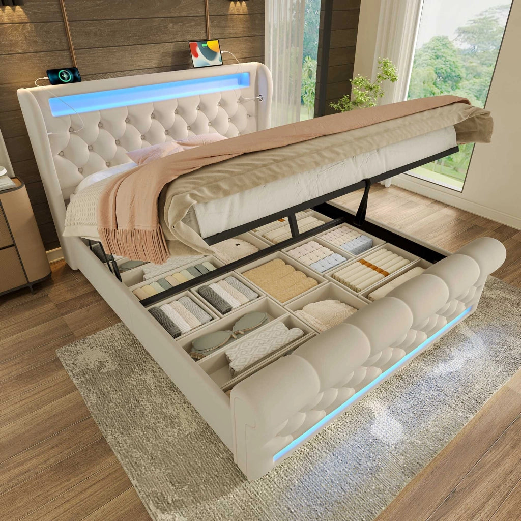 Letto contenitore beige 140x190 cm in velluto, LED su testiera e pediera, porte USB e USB-C, senza materasso